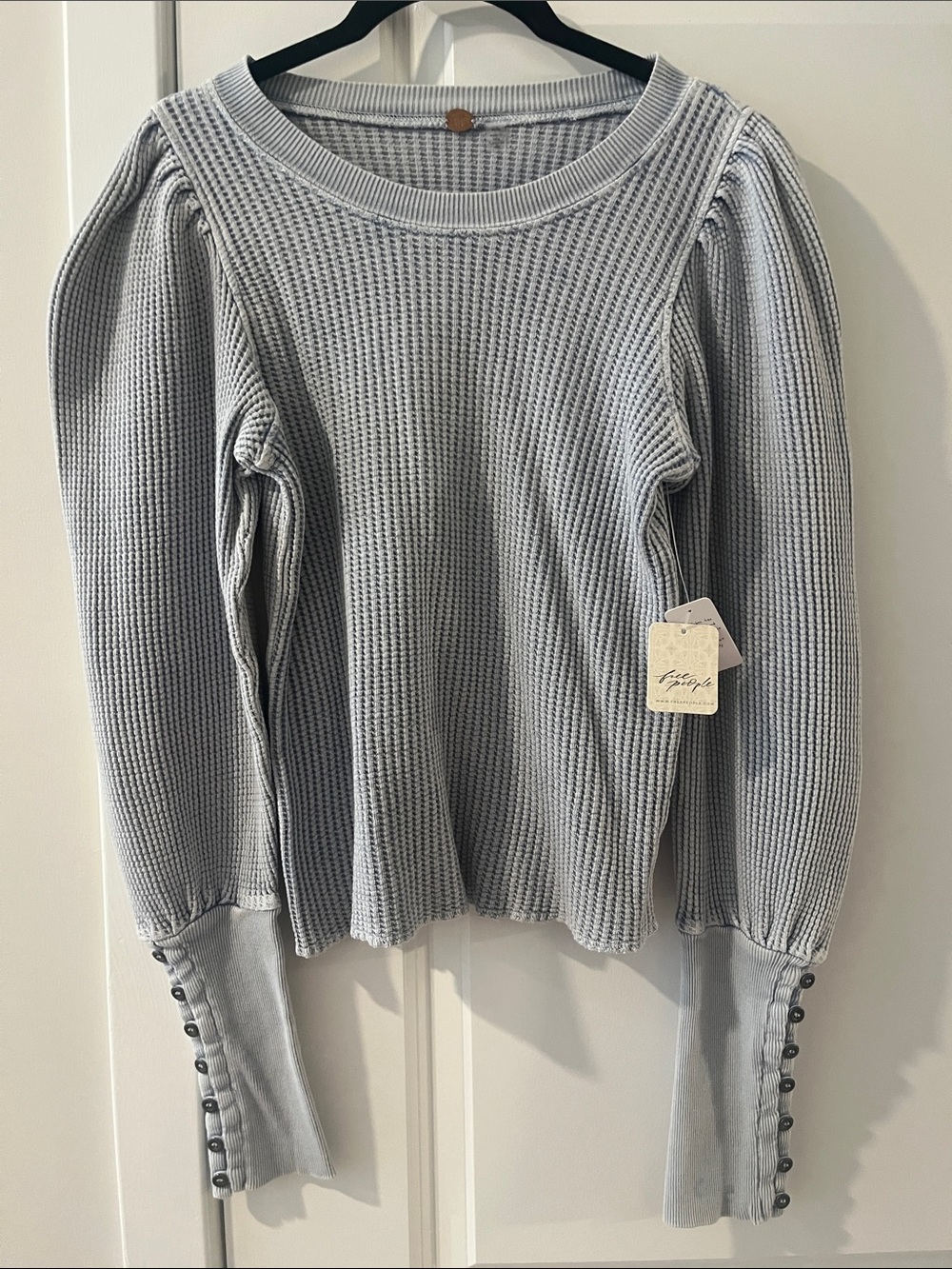 Free People Light Blue Dove Gray Waffle Knit Puff-Sleeve Top